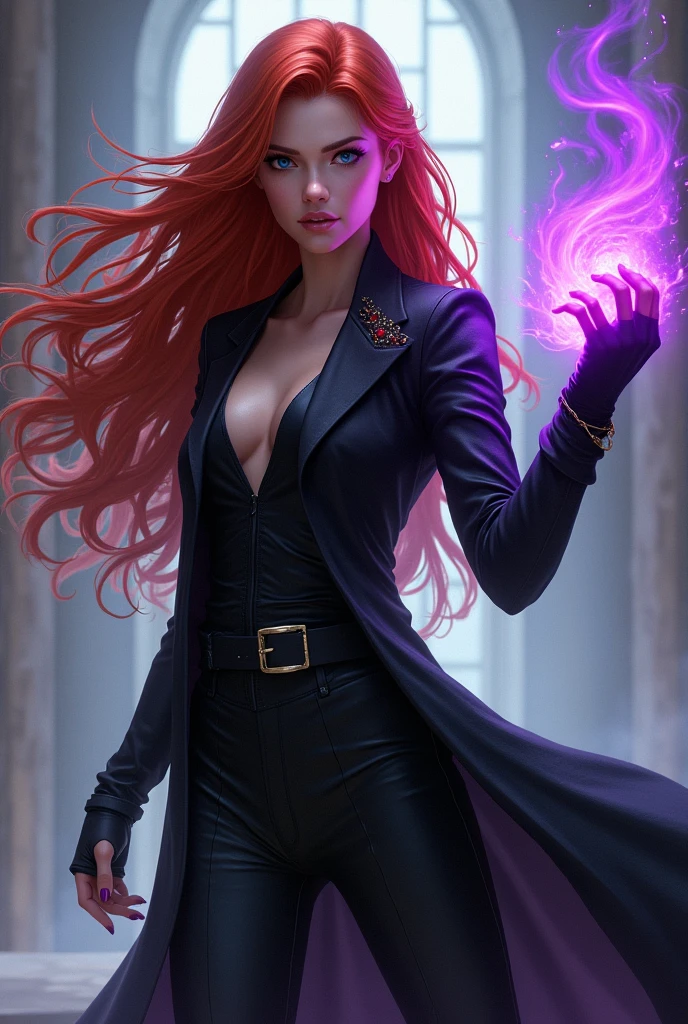 A age girl with a fighting stance but in chic black clothes with long red hair, blue eyes and a magical aura around her, could be holding a flame of purple power, symbolizing your connection to magic. She could have a flowing cloak or cape, reinforcing her role as a daughter of Hecate.