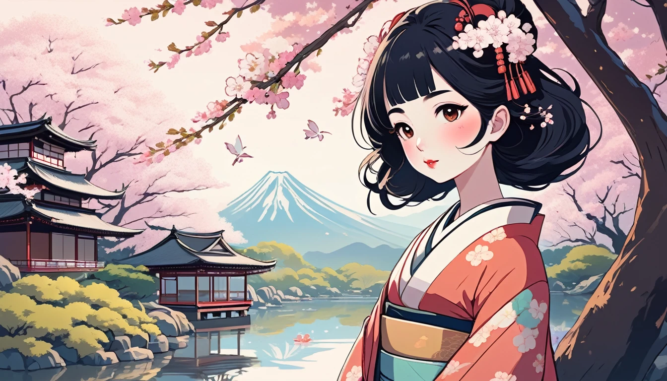 geisha、The background is cherry blossoms and a Japanese garden、Wide-angle lens, Lofi Anime, Lofi illustration, Aesthetic atmosphere, Lo-Fi Style, Vector art, Flat Design, Simple shape, Warm tones, Pleasant atmosphere, Chill, In anime style, Digital drawing, Vector art, Vector logo for t-shirt printing, (Adorable:1.5), (small:1.4), (Playful:1.2), (soft:1.3), (Whimsical:1.1), masterpiece, Highest quality, 8k, Intricate details, grow, Celestial, Mysterious, Picturesque, amazing, Majestic, Magic, Fantasy art, Cover art, dream-like