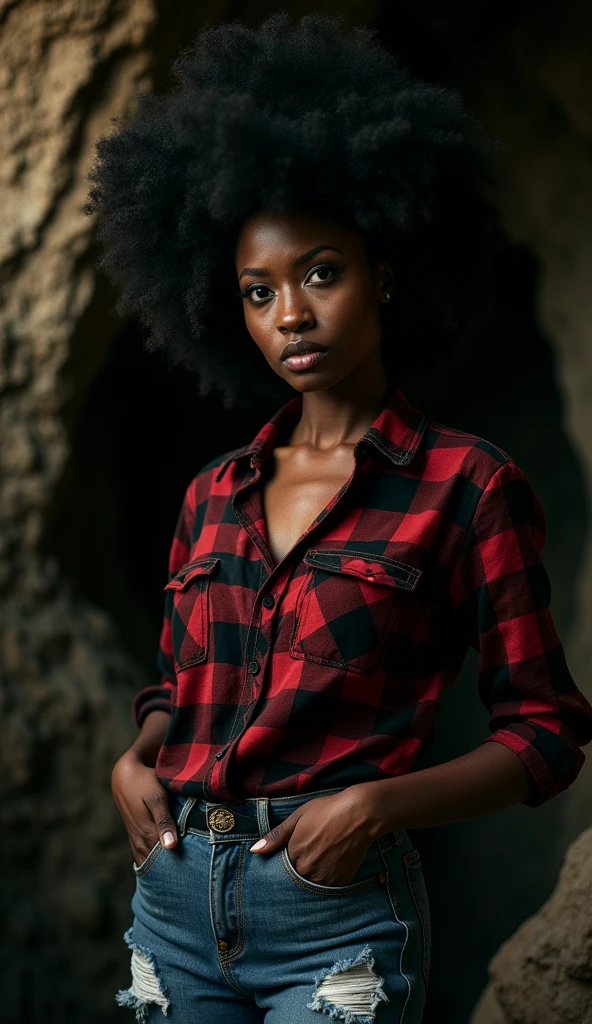 "photograph of a woman, (perturbed facial expression), textured skin, goosebumps, Afro hair, checkered flannel shirt with distressed boyfriend jeans, cowboy shot, dark and mysterious cave with unique rock formations and hidden wonders, perfect eyes, (candlelight, chiaroscuro), 160-color support, filmed on ARRI ALEXA 65, Bokeh, sharp focus on the subject, shot by Don McCullin, featuring a model with African descent, but with the features of Angelina Jolie."
beauty, model, elegance, glamour, fashion, stunning, radiant, chic, graceful, confident, striking, flawless, alluring, photogenic, sophisticated, enchanting, captivating, charismatic, runway, editorial, beauty standards, artistic, style, aesthetic, personality, portrait, beauty photography, professional model, fashionista, trendsetter