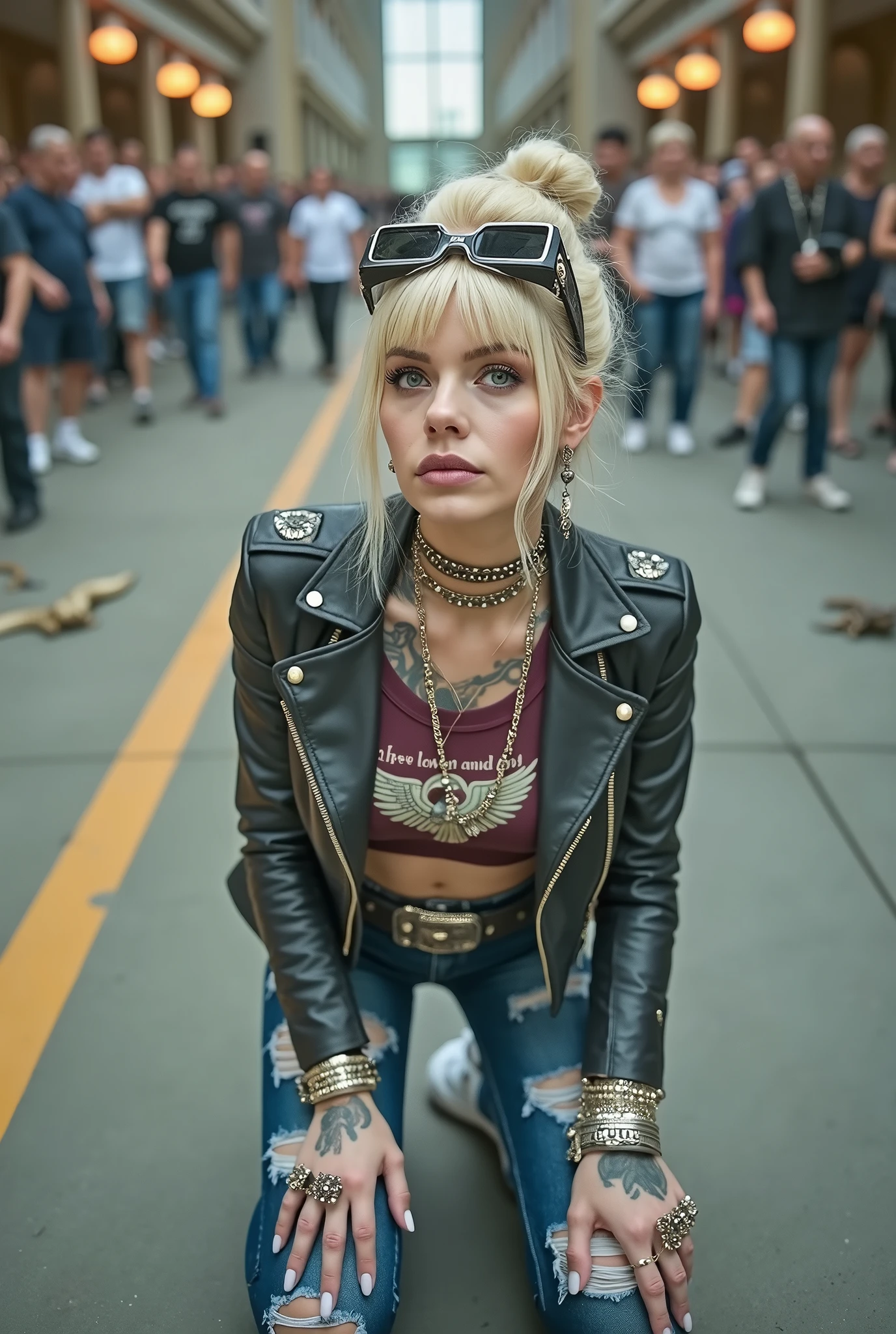 russian old milf woman, , blonde platinum hair (beehive bun) and oversized square sunglasses as headband), with very light green eyes, extremely pale. Wearing studded, padded shoulders,  cropped black moto jacket (zippers on the side. dark burgundy push up t-shirt with skull and wings logo and gothic lettering,, dark skinny low rise blue jeans with holes on knees .White tennis sneakers. Lots of thick wide studded  bracelets, chain collars and big rings. Tacky wide studded leather belt with big eagle oval buckle. Long earrings with chains. Kneeling on a ragged usa flag, looking at the photographer. Craving, sensual face. Hands on knees. Looking at the camera, Toned abdominals, thin neck, slim legs and thin arms. Narrow hips. Heavily tattooed on chest, hands, neck and arms. Crowded church with priests, rattlesnakes on the floor