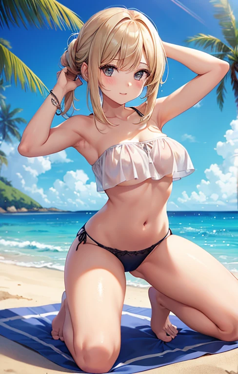 see through Bandeau,Put your knees on the ground,A girl kneeling on the beach, brushing her hair back,Place your hands behind your head,legs apart,underboob,areola