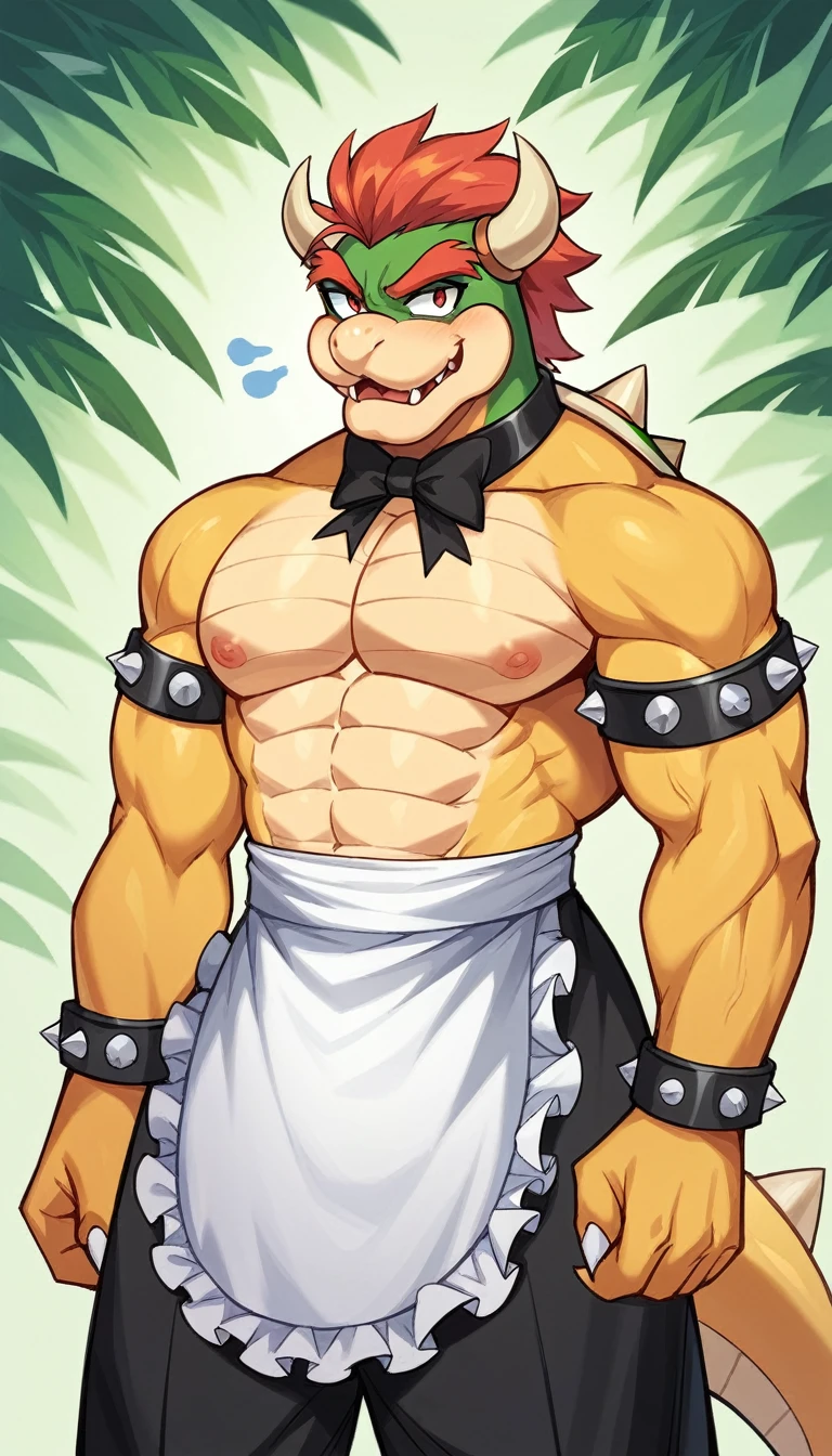 A sultry image! King Bowser, the Koopa king, stands confidently in a provocative pose, donning a revealing pink maid outfit. The tight-fitting uniform accentuates his muscular build, while the frilly apron and matching hat add a touch of whimsy to his menacing demeanor. Soft lighting casts a flattering glow on his scaly skin, with the subtle shadows highlighting the contours of his powerful physique. In the background, a hint of Mushroom Kingdom's lush greenery can be seen, contrasting the bold colors of Bowser's attire. The overall composition is playful yet alluring, inviting the viewer to gaze upon this unexpected fusion of power and sensuality.
