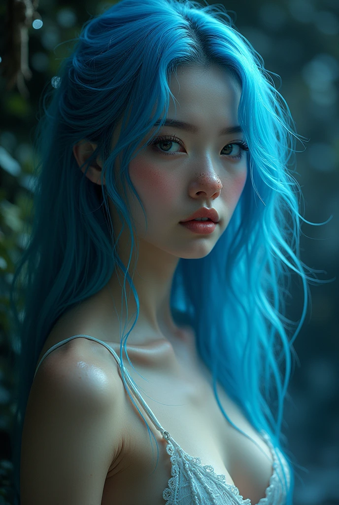 a beautiful detailed young girl, wet skin, sublime body, pig nose, blue hair, nude, naked, sexy, (best quality,4k,8k,highres,masterpiece:1.2),ultra-detailed,(realistic,photorealistic,photo-realistic:1.37),portrait,fantasy,magical,glowing skin,detailed facial features,dramatic lighting,dramatic shadows,cinematic composition,vibrant colors