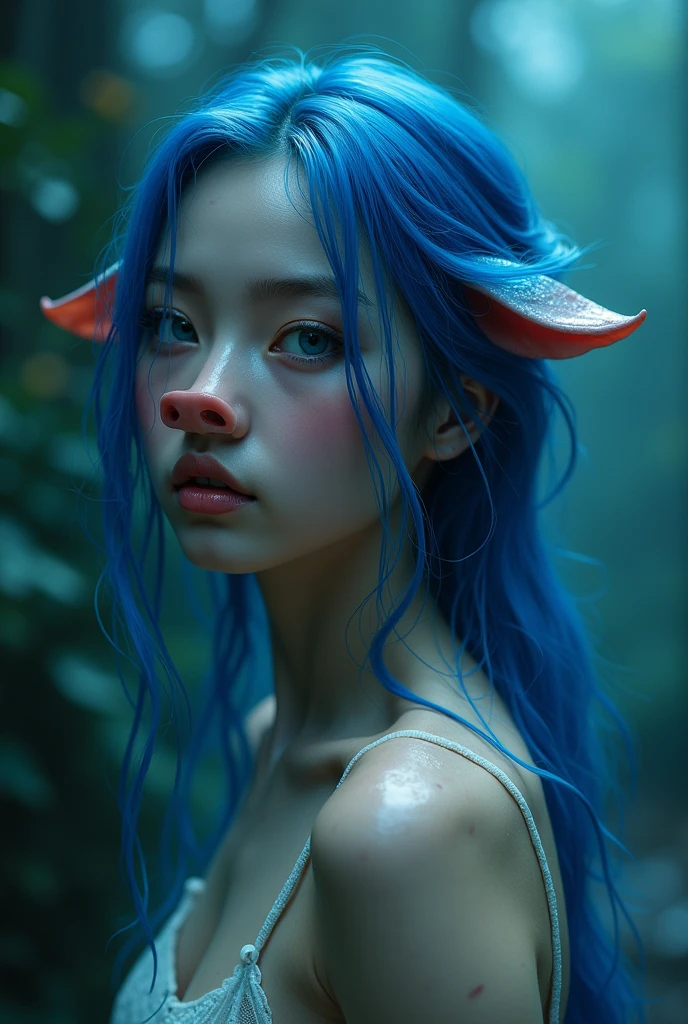 a beautiful detailed young girl, wet skin, sublime body, pig nose, blue hair, nude, naked, sexy, (best quality,4k,8k,highres,masterpiece:1.2),ultra-detailed,(realistic,photorealistic,photo-realistic:1.37),portrait,fantasy,magical,glowing skin,detailed facial features,dramatic lighting,dramatic shadows,cinematic composition,vibrant colors
