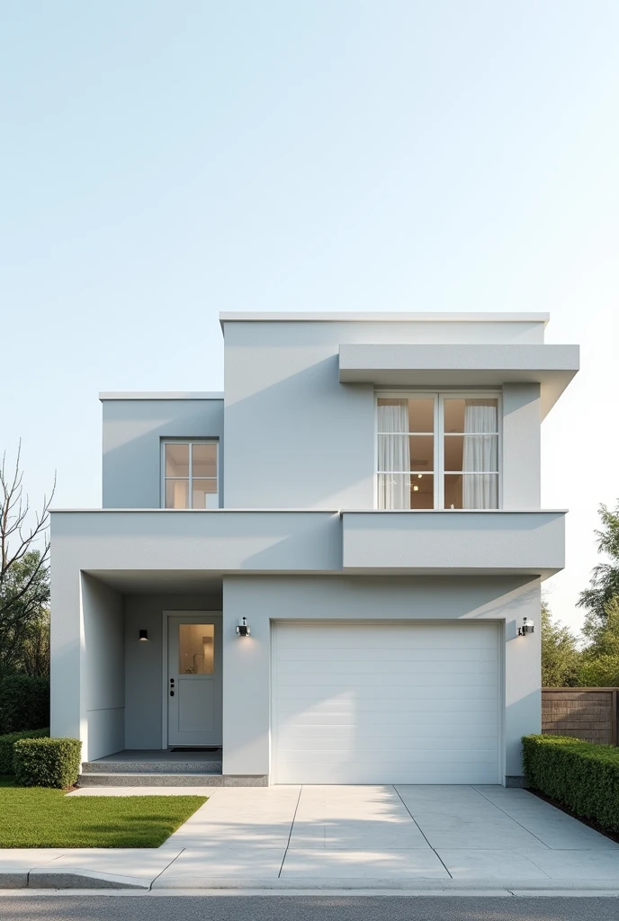 Front image of a plot of land with a light grey house, with white windows and white window frames, straight front with garage