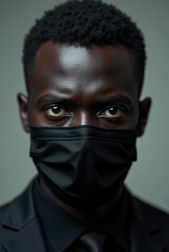 A black skinned man, wearing a black surgical mask 