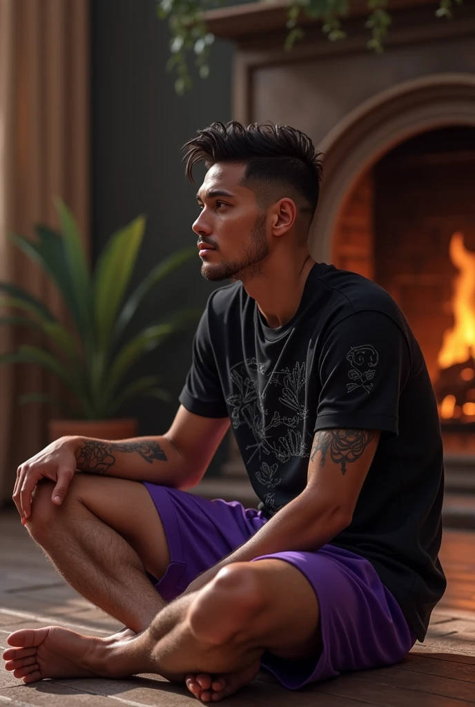 I want you to do James Rodriguez ,shave ๐ช,with a black t-shirt with drawings and purple beach shorts,sitting on the floor, looking at the fireplace in the house