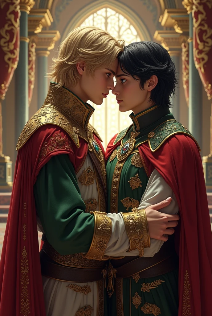 A prince with green eyes and medium blond hair hugging an enemy prince with black hair and beautiful blue eyes