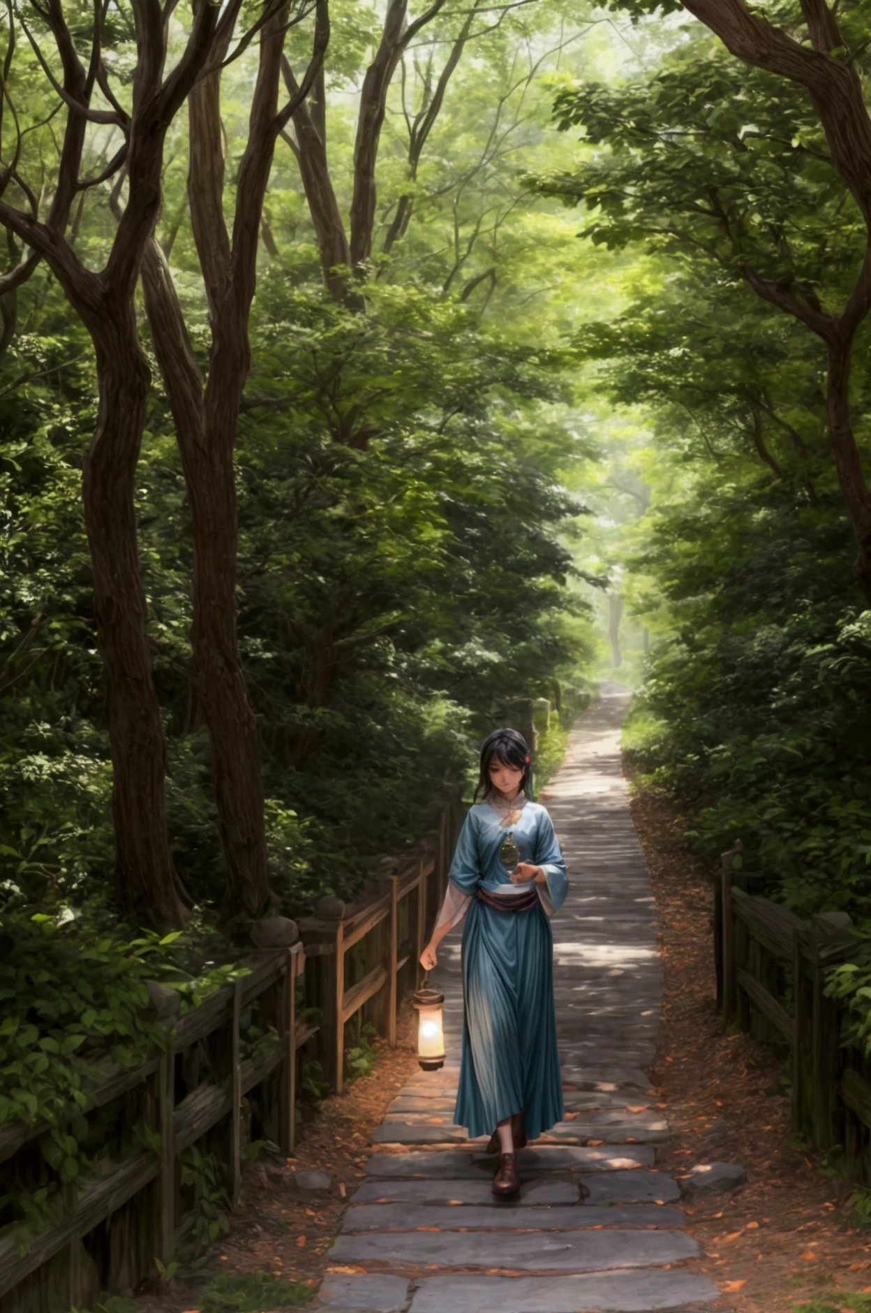 Create a scene of a person walking through a quiet winding forest path. The path is dappled with sunlight filtering through the trees, creating a warm inviting atmosphere. In the person’s hand, they carry a small glowing lantern close to their heart symbolizing the inner light that guides their way. Along the path subtle glowing orbs hover representing the positive moments and thoughts that can change their day and direction. The scene should evoke a sense of calm inner strength and gentle guidance
