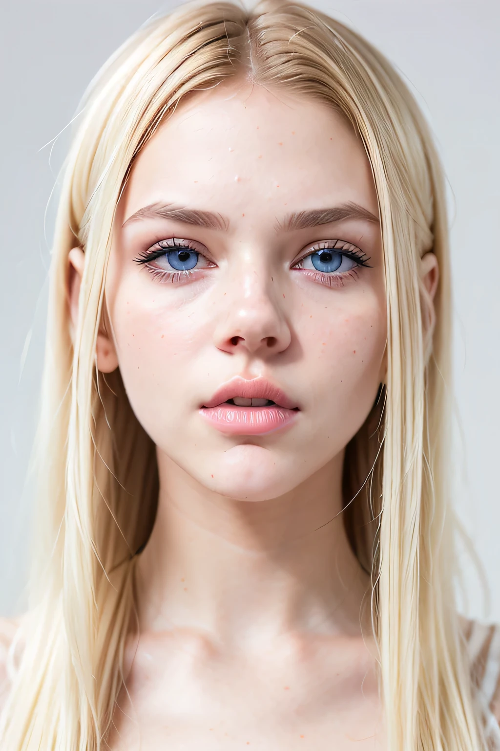 close up on bust ((AlexiaThompson01R's face)). beautiful. perfect, blonde hair, straight hair, blue eyes. vibrant blue eye. loose hair, short hair. hair falling over one eye, emo bangs. perfect beautiful girl, white skin. thin nose, thin chin. white t-shirt, white top. white background.