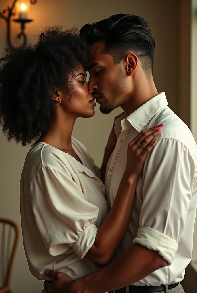 a romantic vintage photo of a black woman with curly hair, voluptuous body and a tall man with white skin, strong masculine and fine features with green eyes and black hair, they are hugging each other ready to kiss, romance is in the air and dressed in a white dress shirt