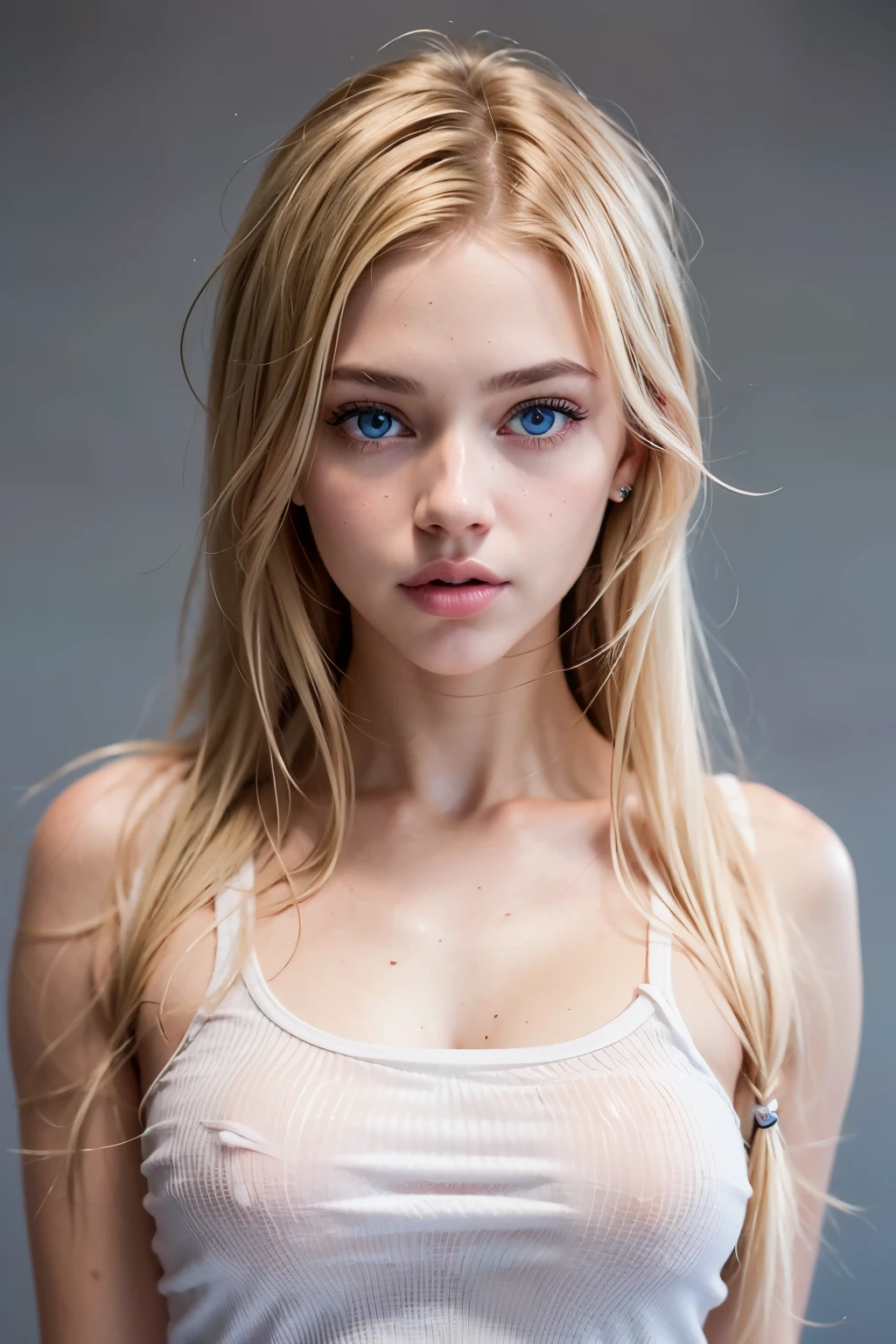 close up on bust ((AlexiaThompson01R's face)). beautiful. perfect, blonde hair, straight hair, blue eyes. vibrant blue eye. loose hair, short hair. hair falling over one eye, emo bangs. perfect beautiful girl, white skin. thin nose, thin chin. white t-shirt, white top. white background.