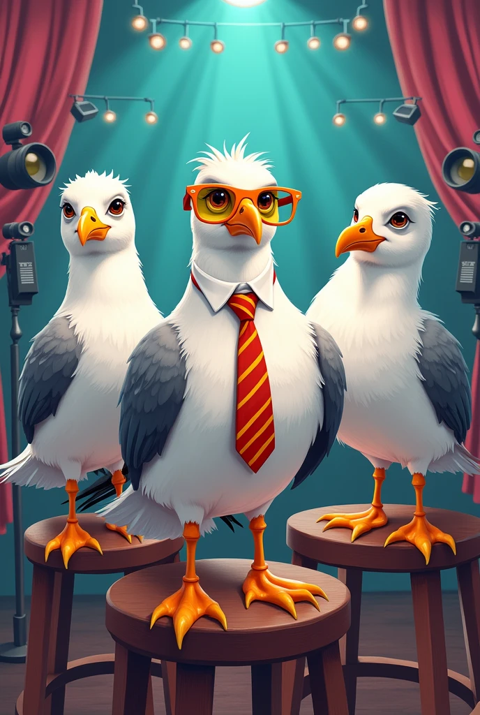 preciso de uma arte com 4 gaivotos em um tqlkshow. being one of the long-haired seagulls, necktie, glasses with yellow lenses.