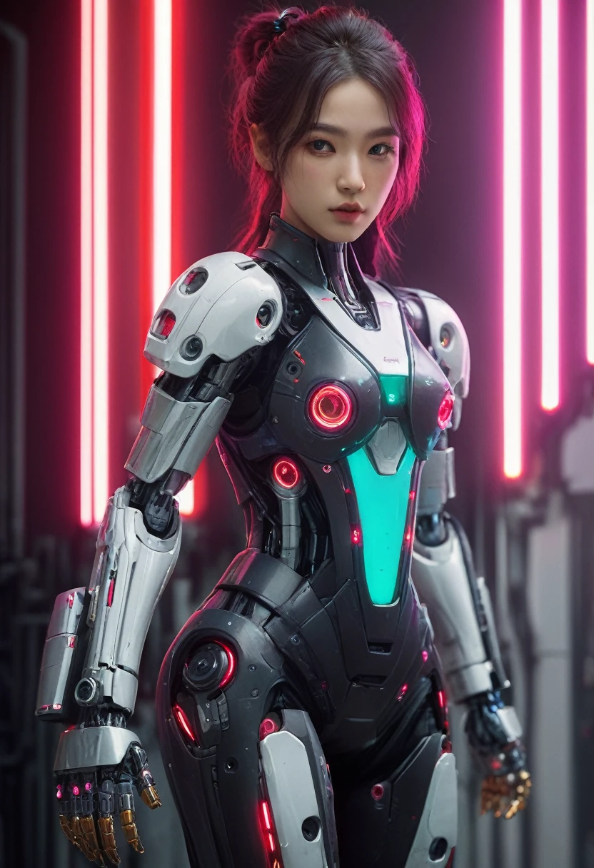 xxmixgirl. Highly detailed professional 35mm film, bokeh, face in sharp focus. A robotic female, Miku, with ((metal skin)), ((perfect Asian eyes)) with magenta irises and ((black pupils)), beautiful serious (detailed face), 18 year old ((photorealistic face)), very long magenta twin tails of magenta hair, twin black hair ties with a single red stripe. She may have a black audio headpiece. We can see her ((full body)) down to her boot soles. Her outfit is a sleeveless collared light grey shirt, outlined in red around the frilled collar and hems. Shiny reflective ((metallic breast cups, dimpleless)), invisible nipples. She wears black sleeves with red hems that start around her upper arm and bellow out as the sleeves open and extend to her wrists, with wide trumpet red rimmed cuffs. She has perfect robotic (detailed hands). She wears a red colored tie with two horizontal solid parallel black lines halfway across. She wears a fabric black skirt with a horizontal red hem at the bottom all the way around; her (((black skirt wraps around her))) and ((her skirt completely covers)) her robotic waist and thighs. Tall black boots with red bottom soles, a red rim around the top at her thighs. Her mechanical shoulder joints are visible. We can see her robotic legs and robotic neck. Half of her is covered with shiny polished machinery. The background is a distant dark neon futuristic Japanese city, gold, cyan, violet neon, near harbor or mountains.