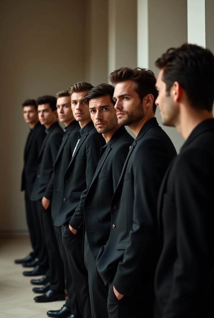 Here we have the stylish male models in a row. The camera passes by everyone. They recite the sentences (or just demonstrate in expressions) of questioning. The next in line always states the right message, as if he were teaching, building trust with each other.