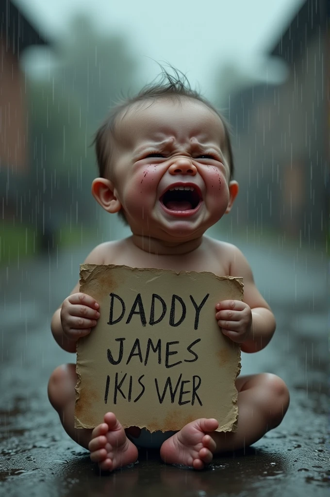 A naked  crying and holding a poster in hte rain that say Daddy James Ikis Wer