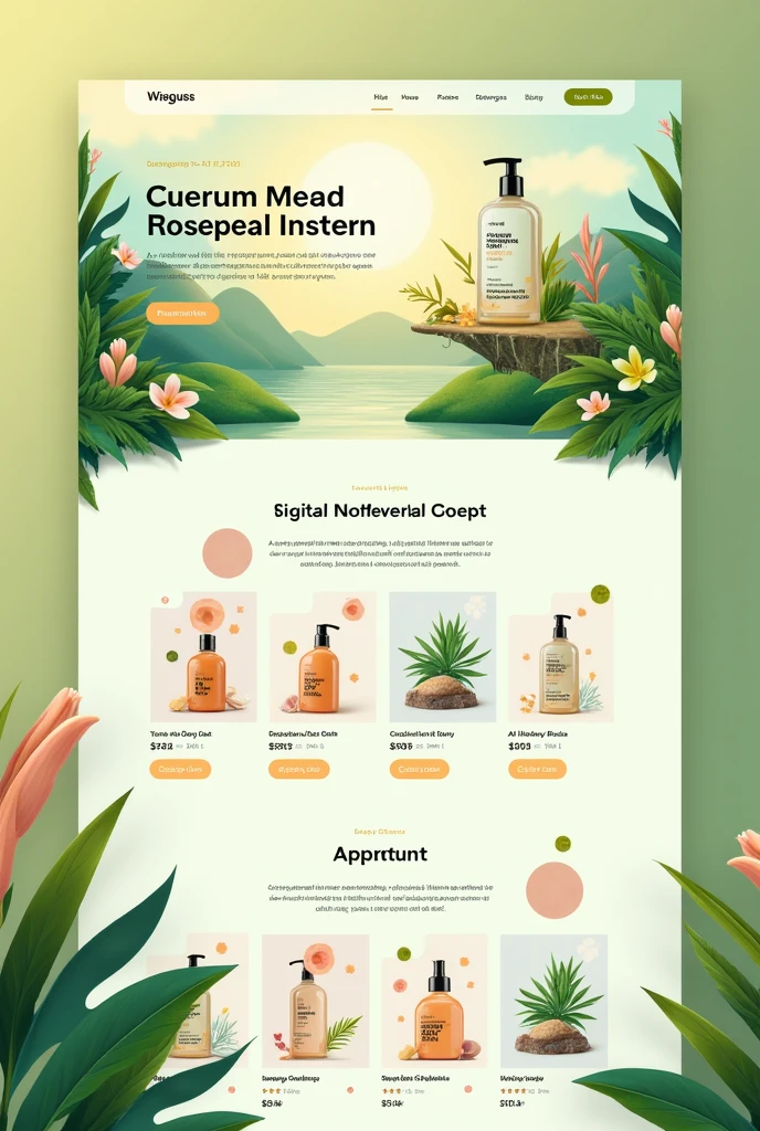 Website with cheerful colors. Beauty store website. Make the home page. No text. tons verdes. groundbreaking. creative. moderno. happy. do not use human figures.