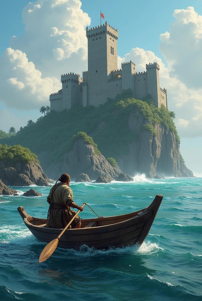 create an art with an island a medieval boat a castle and a commoner