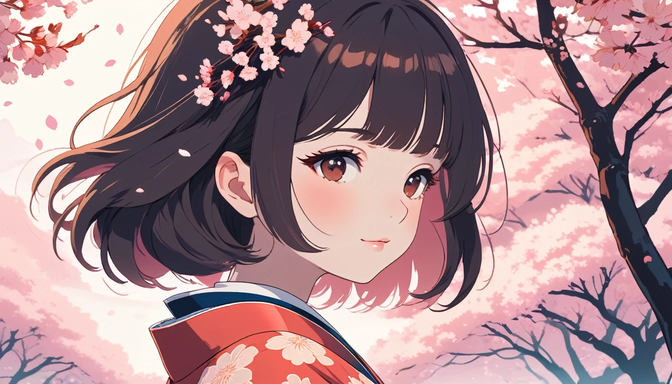 Woman in kimono、Background is cherry blossoms、Wide-angle lens, Lofi Anime, Lofi illustration, Aesthetic atmosphere, Lo-Fi Style, Vector art, Flat Design, Simple shape, Warm tones, Pleasant atmosphere, Chill, In anime style, Digital drawing, Vector art, Vector logo for t-shirt printing, (Adorable:1.5), (small:1.4), (Playful:1.2), (soft:1.3), (Whimsical:1.1), masterpiece, Highest quality, 8k, Intricate details, grow, Celestial, Mysterious, Picturesque, amazing, Majestic, Magic, Fantasy art, Cover art, dream-like
