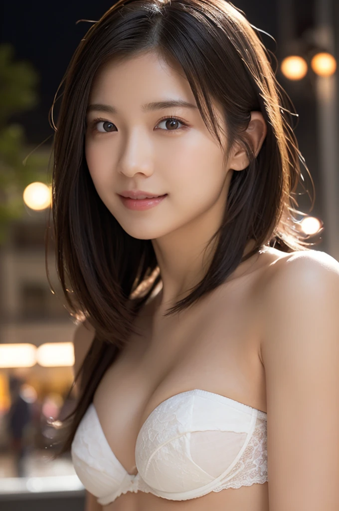 One Girl, (White Strapless Bra:1.2), (Very small breasts)、(RAW Photos, Highest quality), (Realistic, Realistic:1.4), Tabletop, Very delicate and beautiful, Very detailed, 2k wallpaper, wonderful, In detail, Very detailedな CG Unity 8K 壁紙, Very detailedな, High resolution, Soft Light, Beautiful detailed, Very detailedな目と顔, Beautiful and detailed nose, Beautiful details, Cinema Lighting, City lights at night, Perfect Anatomy, Slender body, smile