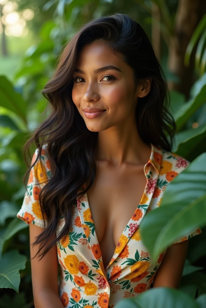 A Brazilian woman in a lush tropical garden, wearing an open shirt with a floral print, with a close-up capturing the harmonious beauty between her breasts and the natural flowers, showing off your natural charm and outgoing personality.