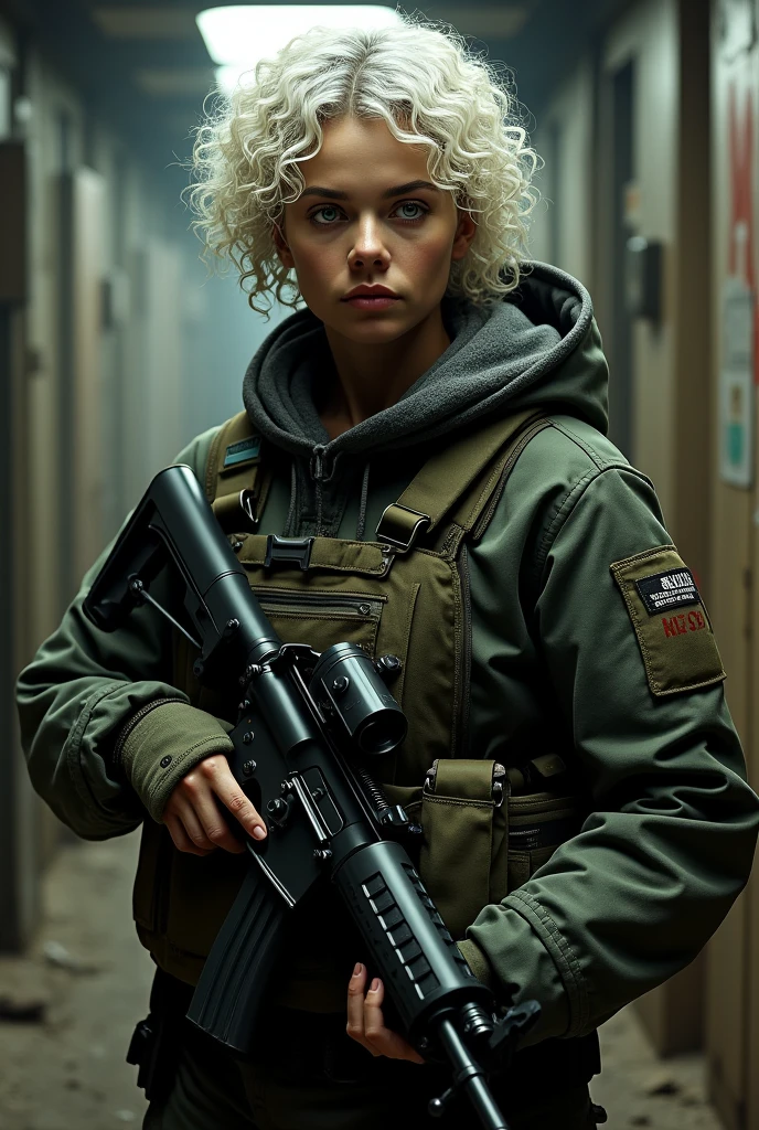 Woman, white, curly hair, Brunetette, in clause,armed with a rifle on a sling