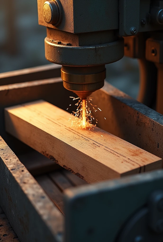 Large rectangular wood placed inside a metal square while being cut by a machine
