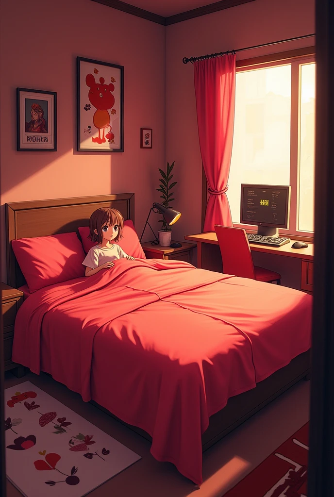 Anime Bedroom With Red Bed And Small Red Setup