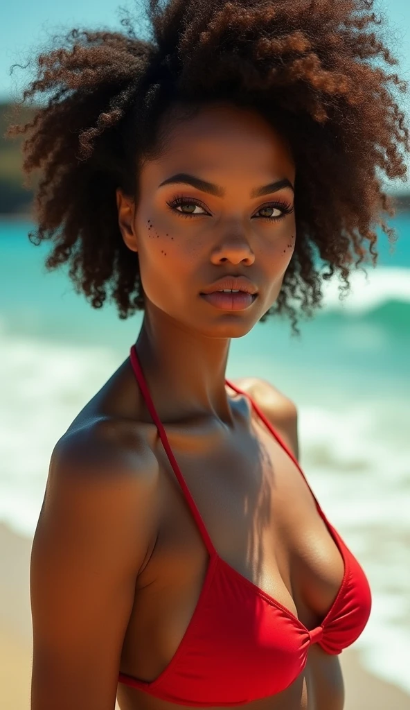 Here’s the modified description with the new setting:
"photograph of a woman, (perturbed facial expression), textured skin, goosebumps, Afro hair, wearing a red bikini, sunny beach setting, vibrant ocean waves in the background, perfect eyes, (natural sunlight, soft shadows), 160-color support, filmed on ARRI ALEXA 65, Bokeh, sharp focus on the subject, shot by Don McCullin, featuring a model with African descent, but with the features of Angelina Jolie."
beauty, model, elegance, glamour, fashion, stunning, radiant, chic, graceful, confident, striking, flawless, alluring, photogenic, sophisticated, enchanting, captivating, charismatic, runway, editorial, beauty standards, artistic, style, aesthetic, personality, portrait, beauty photography, professional model, fashionista, trendsetter