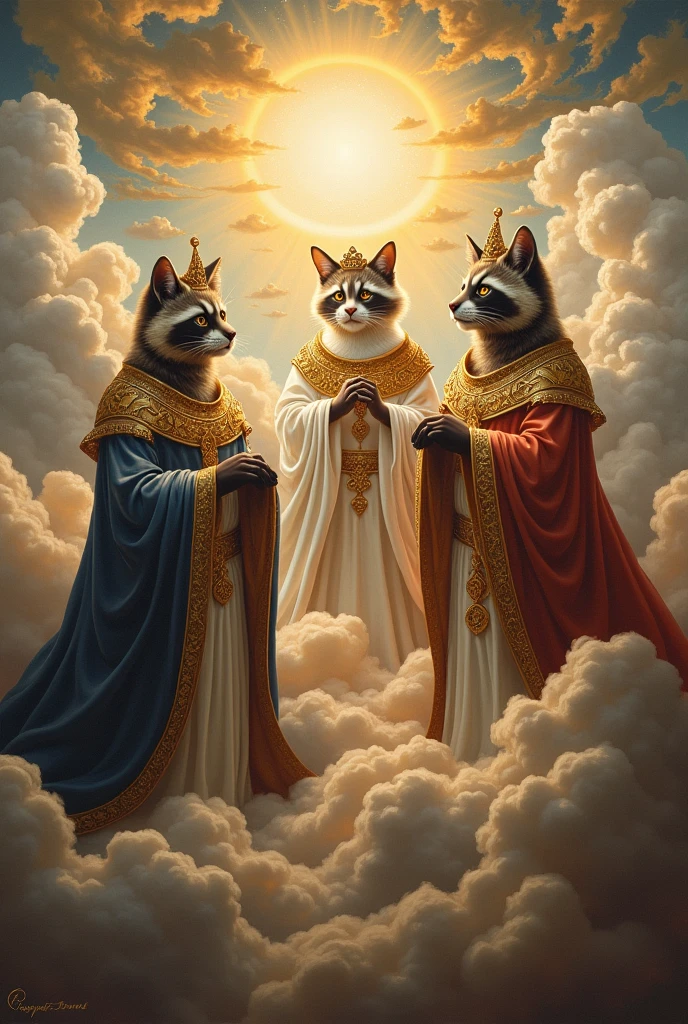 Renaissance picture in heaven with lots of angels and gods in the form of cats and raccoons in sunshine and clouds