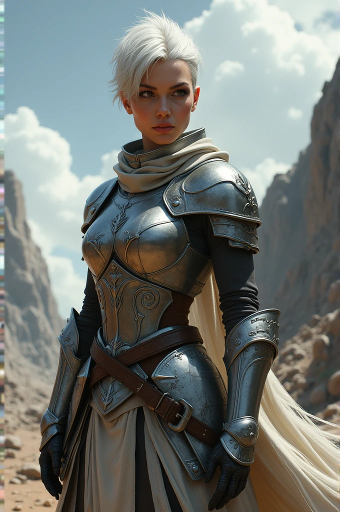create a woman, she has white hair, she has short hair, She wears light armor