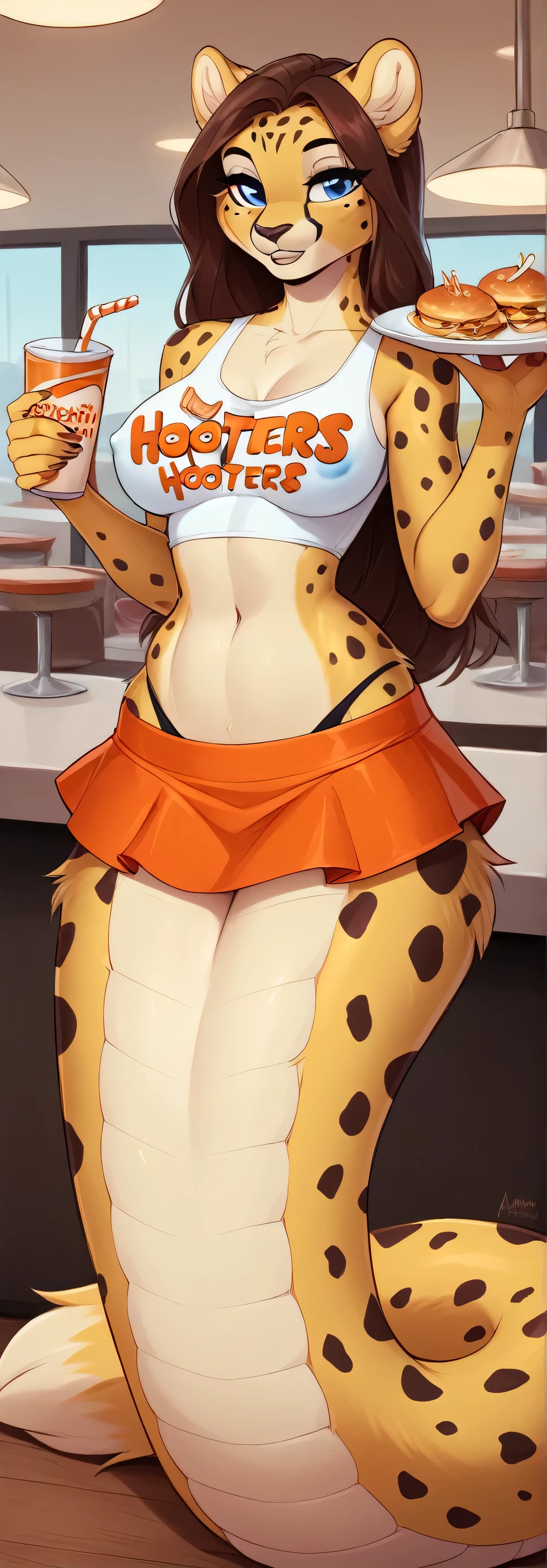 alone, score_9,score_8_up,score_7_up,(fluffy anthro furry :1.3),  Best quality,best resolution,(fluffy anthro fluffy :1.3), (Solo) anthropomorphic furry female cheetah, buxom breasts, long brown hair, blue eyes, serving food, indoors, restaurant, in front of customers, hooters tshirt, mini skirt, perfect hips, aesthetics of the female body, very noticeable relief of the body and hips and legs, top view, lamia, shes very tall. Black thong, thick thighs, wide hips, nipple bulge, blue nipples, blue genitalia 