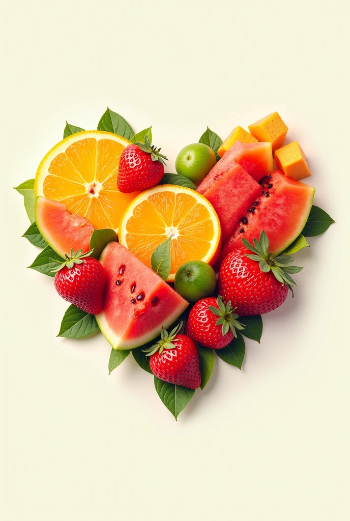 Nutritionist logo in heart shape with orange, watermelon, papaya and strawberry, fresh looking fruits