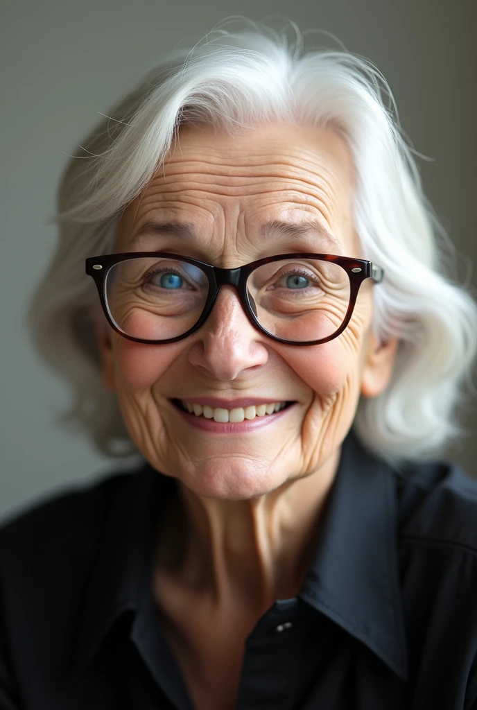 Very old, happy grandma , with medium straight white hair, wearing glasses and blue eyes, white skin and wearing a black blouse