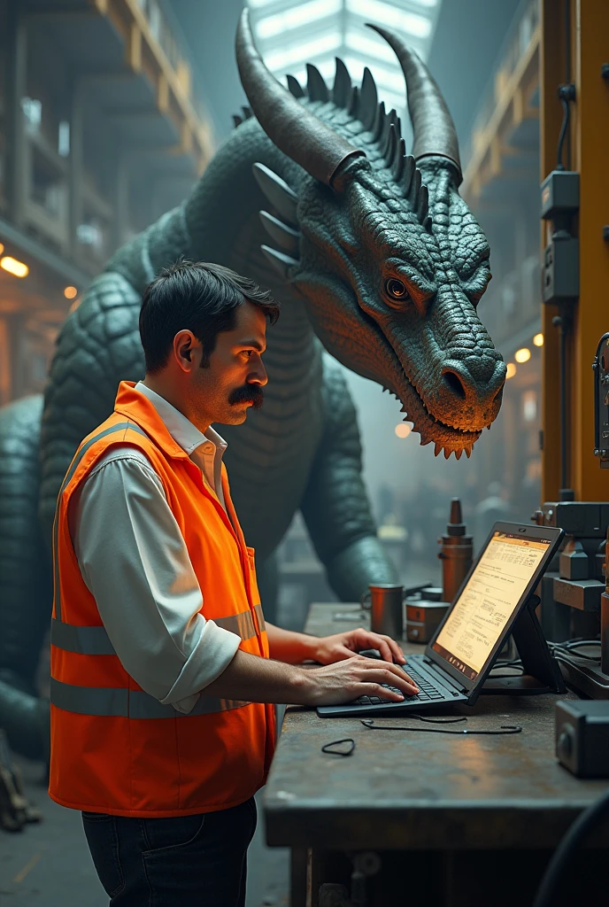 man with a mustash and orange safety vest on factory floor programming a robot. with a dragon
