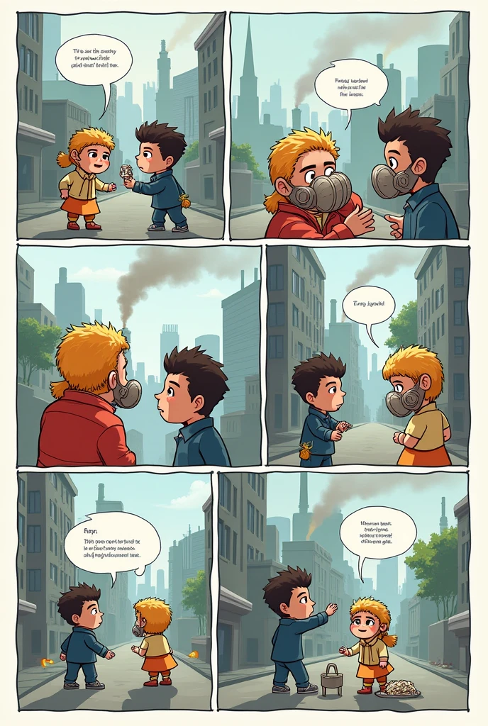 draw a funny comic about air pollution 8 boxes 