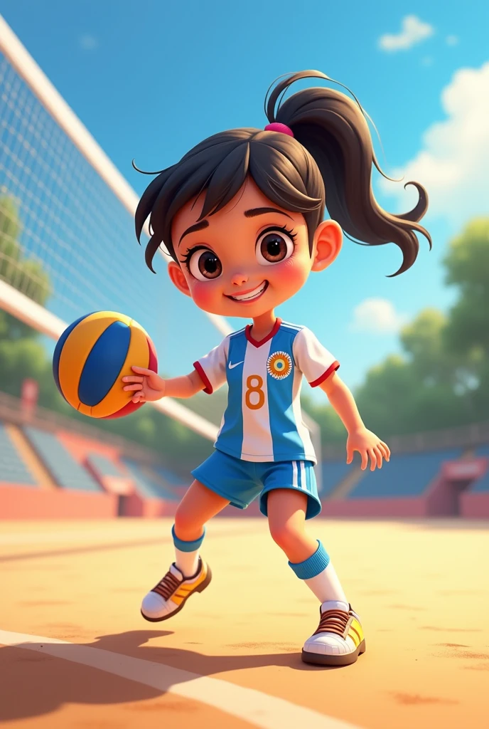 4 year old girl playing volleyball dressed in an animated Argentina uniform