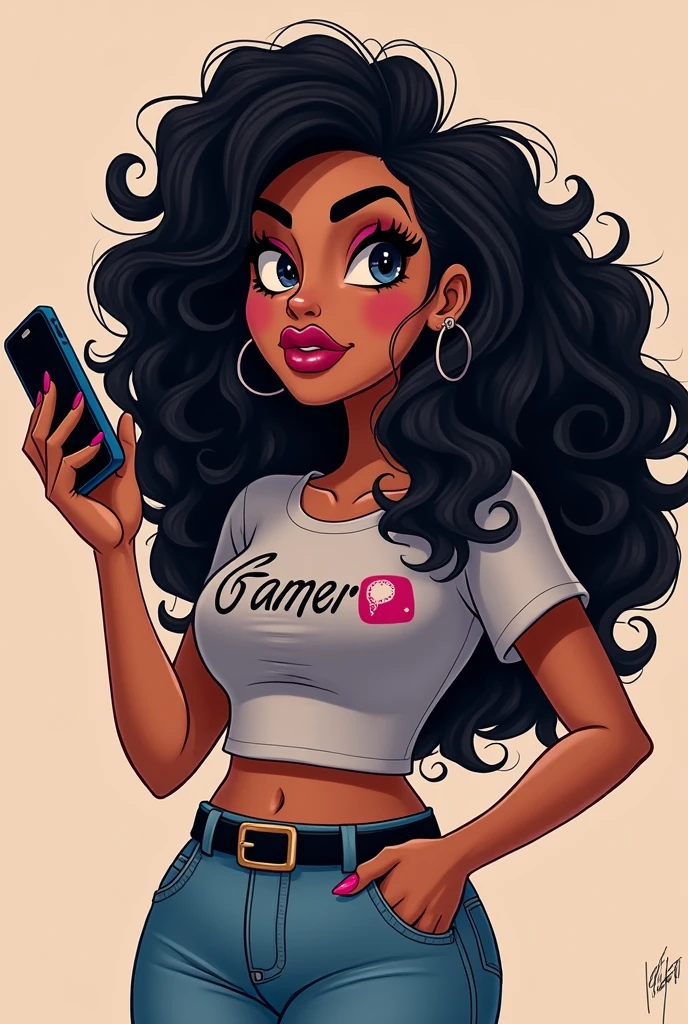 woman with long curly and frizzy black hair, thick and pink lips, dark shaped eyes, fat and wide face, woman with cell phone in hand, gamer clothes, styled, Disney movies