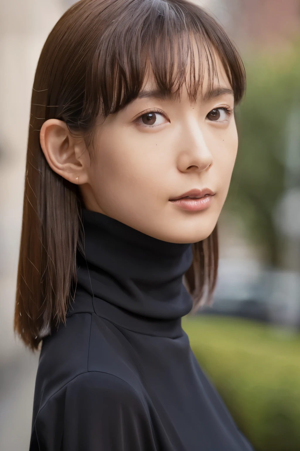 ((top-quality, in 8K, masterpiece:1.3)), Beautiful Japanese woman, perfect body:1.4, Slim abs:1.2, ((Straight hair:1.2)), (turtle neck:1.1), (a street:1.2), wetbody:1.5, Three-dimensional texture, A detailed eye, Brown hair, very thin waist, posterior view, looking back to the viewers