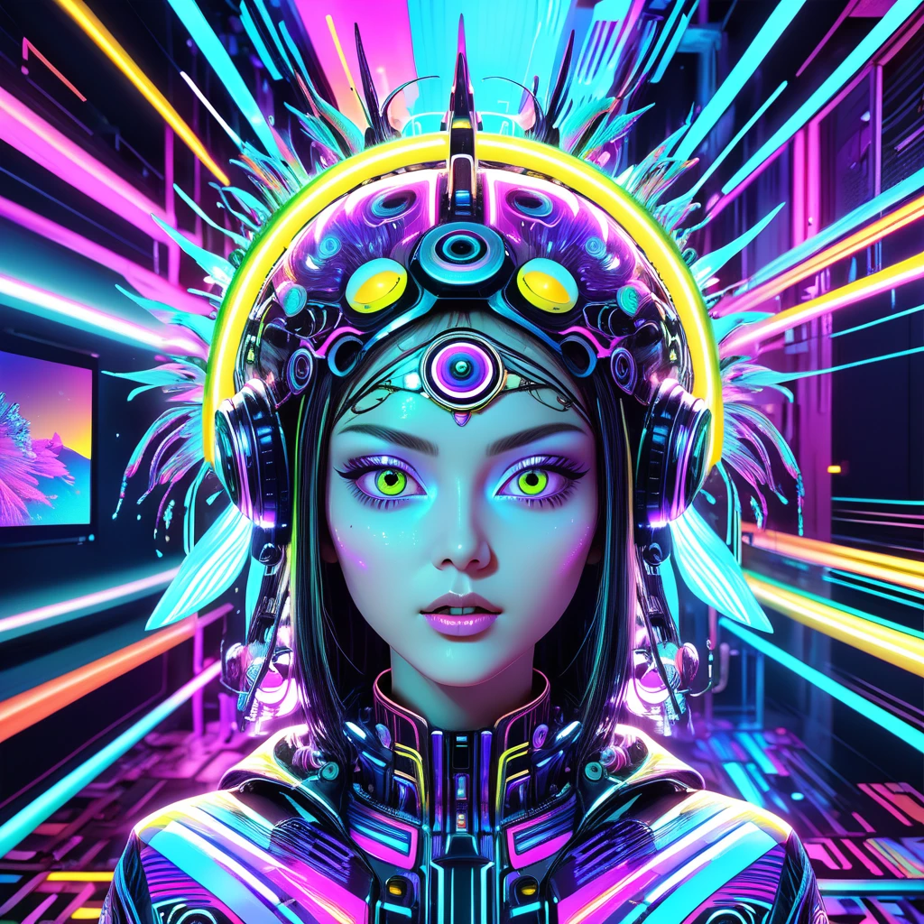 Memes, Surreal, Digital Art, EEG, Information flow, Cultural transmission, Potential awareness, abstract pattern, psychedelic, Neon color, Glitch Art, cyber punk, Cinema Lighting, Super detailed, 8k, Realistic, Volumetric, Ray Tracing, Studio Lighting, Vibrant colors, psychedelic elements, Viral content, Social Media, Cultural phenomenon