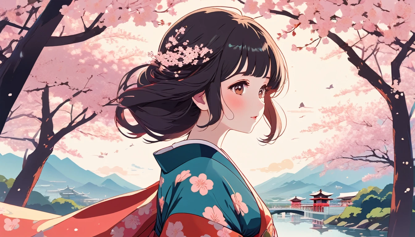 Woman in kimono、Background is cherry blossoms、Wide-angle lens, Lofi Anime, Lofi illustration, Aesthetic atmosphere, Lo-Fi Style, Vector art, Flat Design, Simple shape, Warm tones, Pleasant atmosphere, Chill, In anime style, Digital drawing, Vector art, Vector logo for t-shirt printing, (Adorable:1.5), (small:1.4), (Playful:1.2), (soft:1.3), (Whimsical:1.1), masterpiece, Highest quality, 8k, Intricate details, grow, Celestial, Mysterious, Picturesque, amazing, Majestic, Magic, Fantasy art, Cover art, dream-like