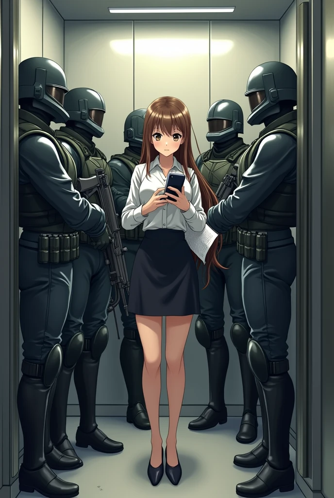 Anime office worker in proper skirt with paperworks long brown hair lady using her phone really stuck in elevator no space with handsome BL CHARACTERS fully covered 7 soldiers cod men