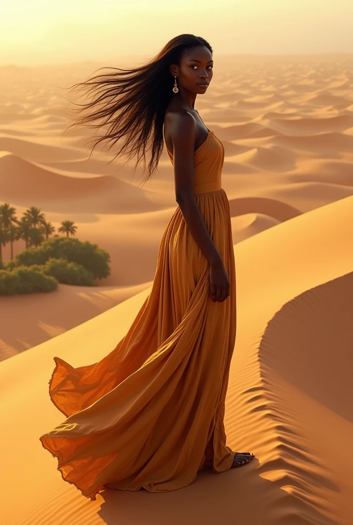 femme africaine en haut d'une dune de sable dans le desert, le regard vers nous, cheveux au vent, jolie payage avec un oasis en fond 