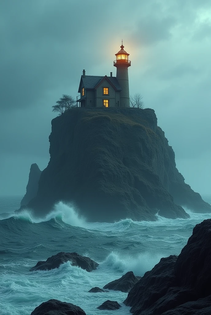a house on a rock in the middle of the sea with a light coming from the sky that illuminates it and the image says CSLR