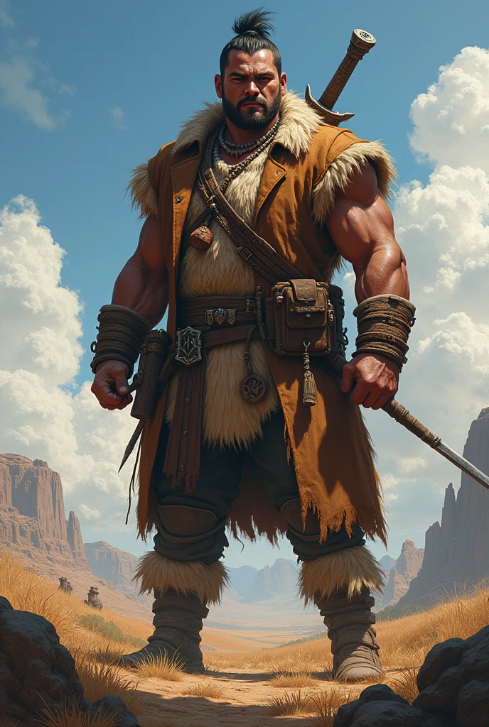 He is a tall indigenous man, 2 meters tall, with short dark hair and a square face. His eyes are wolf-like and one of them is closed. He wears an overcoat with a white shirt underneath and has a strong physique. A large sword is strapped to his back. I would like the art in a fantasy RPG style. In the Wild West