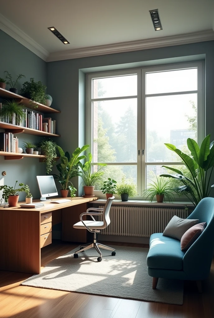 an office with an L-shaped desk facing the window, with good lighting, with a comfortable blue sofa, shelves on the wall with books and plants