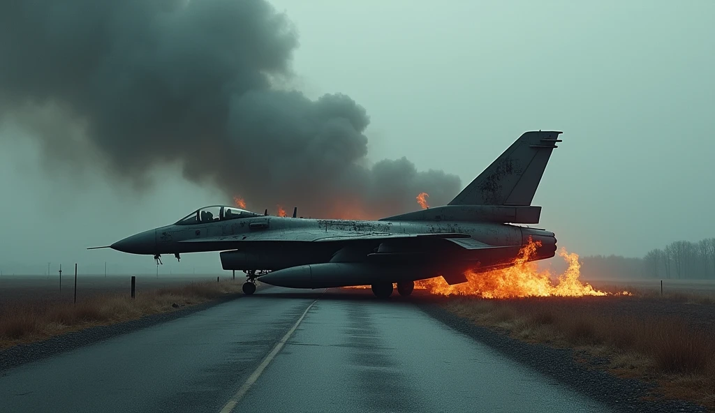 FIGHTER JET BURNING ON THE ROAD, GLOOMY WEATHER