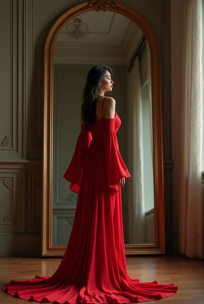 A woman standing in front of a large mirror looking at herself, thoughtful, wearing a red dress with sleeves, light flowing, covering her breasts, full body shot, realistic photography, photorealistic, HDR, sharp focus, professional, vivid colors, natural lighting