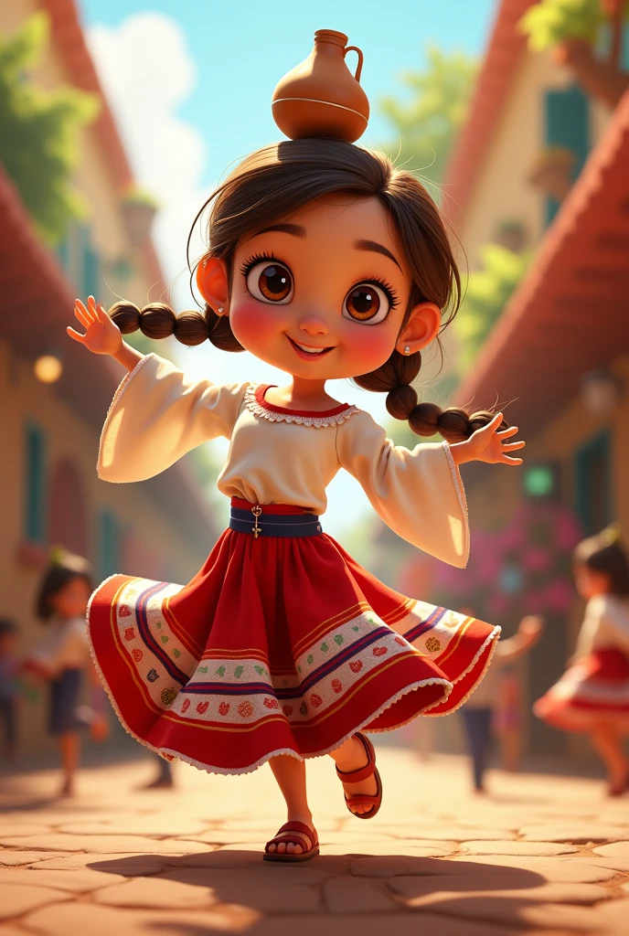 Poster of a Pixar character in a typical Paraguayan costume dancing with brown hair in a braided ponytail and a jug on her head, Brown eyes, Clothing: white blouse with a tricolor skirt, red, white and blue, printed on the edges.