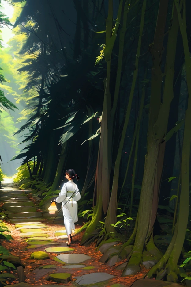 Create a scene of a person walking through a quiet winding forest path. The path is dappled with sunlight filtering through the trees, creating a warm inviting atmosphere. In the person’s hand, they carry a small glowing lantern close to their heart symbolizing the inner light that guides their way. Along the path subtle glowing orbs hover representing the positive moments and thoughts that can change their day and direction. The scene should evoke a sense of calm inner strength and gentle guidance